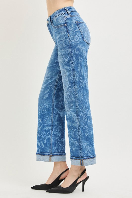 The Paisley Print Mid Rise Ankle Straight Jeans