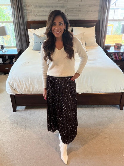 The Anne Polka Dot Satin Pleated Skirt