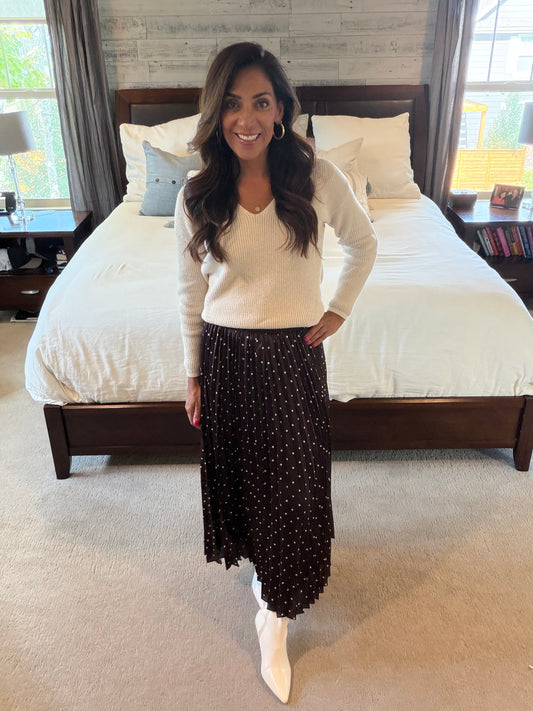 The Anne Polka Dot Satin Pleated Skirt